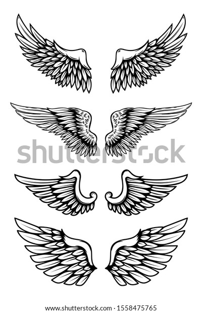 Set Illustrations Wings Tattoo Style Isolated Stock Vector (Royalty ...
