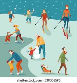 Set of Illustrations, winter activities, parents and children