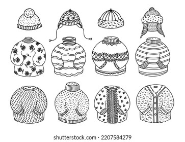 Set of illustrations winter clothes collection for coloring page. Outline hand drawn vector picture