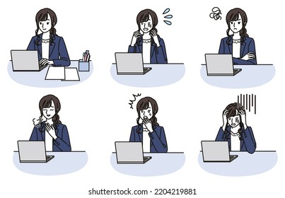 Set Of Illustrations Woman In A Business Casual Outfit Using The Computer