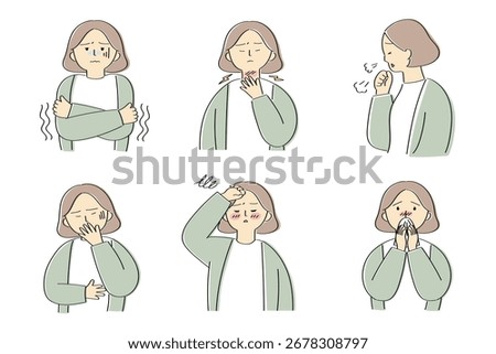 Set of illustrations of a woman with a cold.