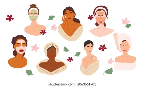 Set of illustrations. A woman with a cosmetic mask on her face, a woman applies a cream to her face. Cosmetic procedures. Facial skin care.