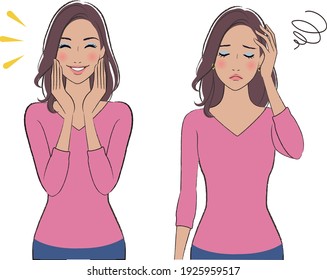 Set of illustrations of a woman happy and sad