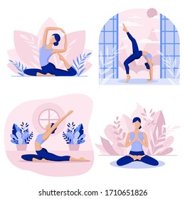 Set of illustrations, a woman practices yoga. Woman in blue pants and a blue top. 