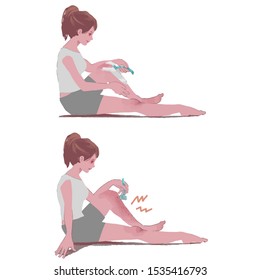 A set of illustrations of a woman shaving unwanted hair and an illustration of a woman suffering from razor rash.