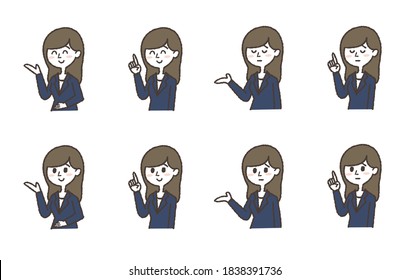 A set of illustrations of a woman in a suit showing you around. Variations of various expressions. Vector illustration on a white background.