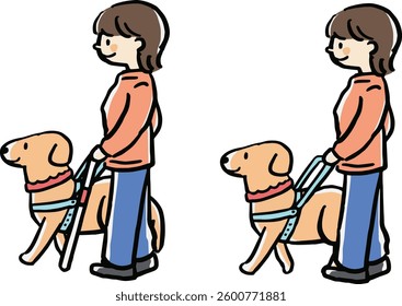A set of illustrations of a woman walking with a guide dog (with and without a white cane).