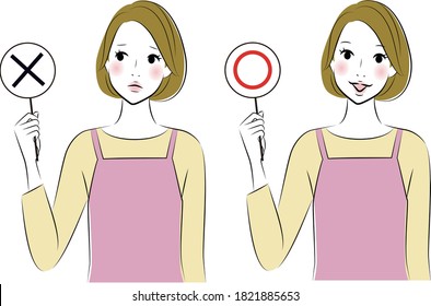 Set of illustrations of woman wearing apron showing right or wrong