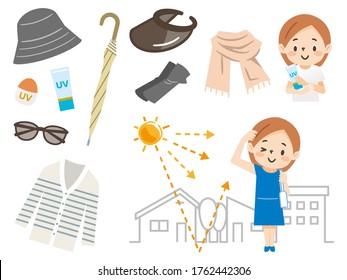 Set of illustrations of a woman who works against sunburn