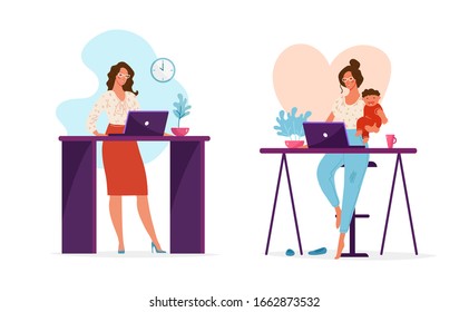 Set of illustrations, a woman works in the office or at a remote work at home holding a child in her arms. The concept of choosing a career or family, combining work and family. Cute female character
