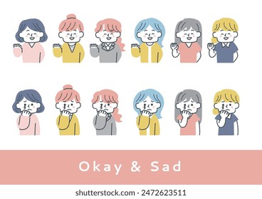 set of illustrations of woman's upper body waving or crying
