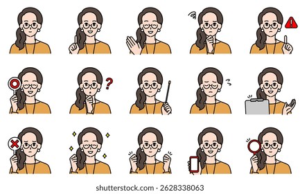 A set of illustrations of women in casual fashion expressing their emotions through their facial expressions and poses.