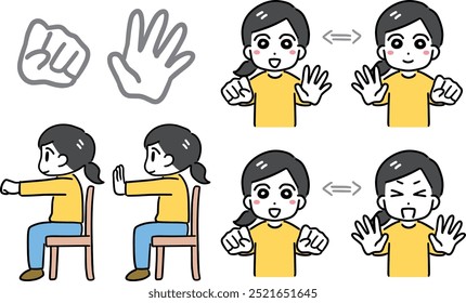 A set of illustrations of women closing and opening their hands