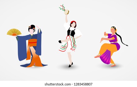 Set of illustrations of women of different races dressed in national costumes dancing the folk dances of their countries