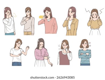 Conjunto de ilustrações de mulheres com problemas físicos e ansiedades