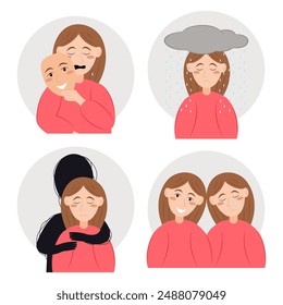 A set of illustrations of a women with psychological problems. Mental health, psychology problem concept. Flat vector illustration isolated on white background.