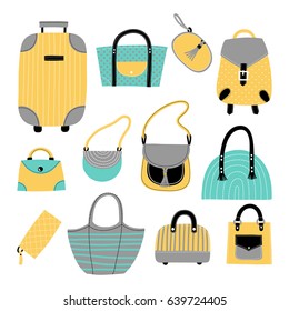 Set of illustrations with women's bags. Freehand drawing. Cartoon style