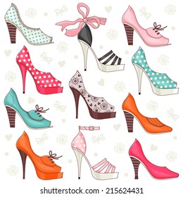 Set of illustrations with women's shoes.