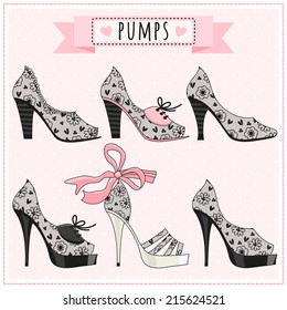 Set of illustrations with women's shoes. Vintage lace.