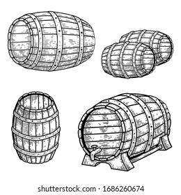 Set of illustrations of wooden barrel of beer in engraving style. Design element for logo, label, sign, poster, t shirt. Vector illustration