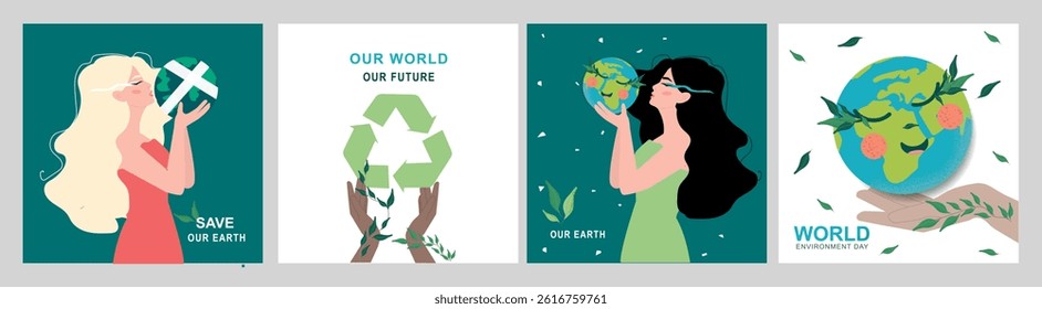 A set of illustrations for World Environment Day. For graphic and web design, business presentations, marketing and print materials. International Mother Earth Day. Ecology and Environmental Protectio