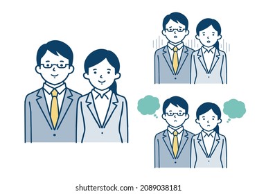 A set of illustrations of a young couple in suits with smiling and troubled faces.