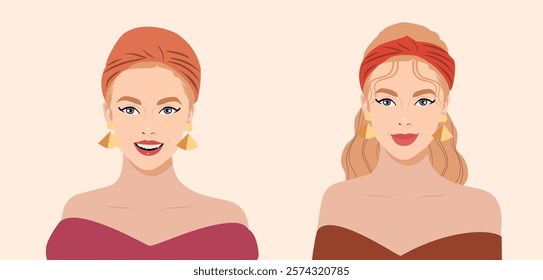 A set of illustrations of young, fashionable girls with a hairstyle and a handkerchief on her head. Women's hairstyle with accessories on an isolated background. Hairstyles with a red scarf