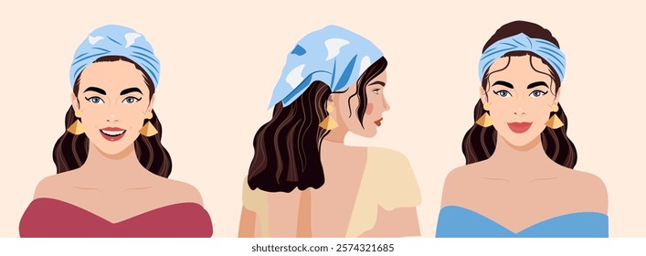 A set of illustrations of young, fashionable girls with a hairstyle and a handkerchief on her head. Women's hairstyle with accessories on an isolated background. Hairstyles with a blue scarf