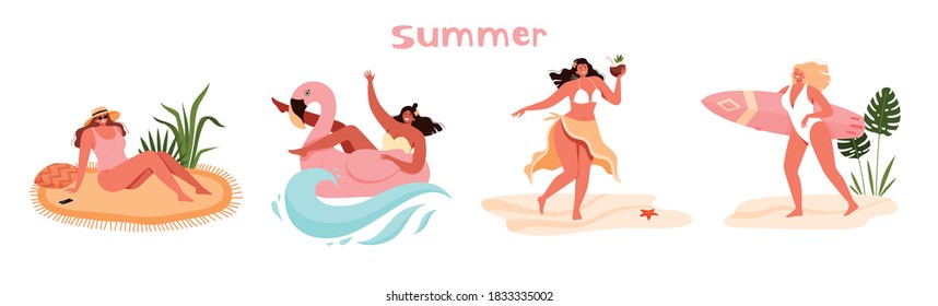 Set of illustrations with young girls on vacation who drink cocktails, swim on inflatable flamingos, surf, and sunbathe