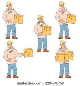 A set of illustrations of a young man, a courier. Holds an envelope, a package in his hand. The concept of fast delivery of parcels to the house. Parcel delivery stock vector illustration. 