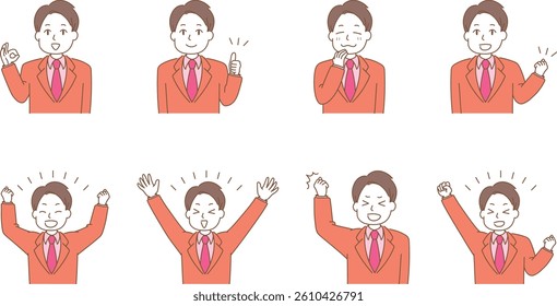 Set of illustrations of a young man in a suit expressing joy and other emotions