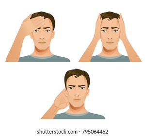 Set of illustrations with young man who shows different types of headache, vector image, eps10