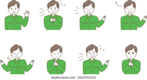 Set of illustrations of young man in workwear representing various behaviors