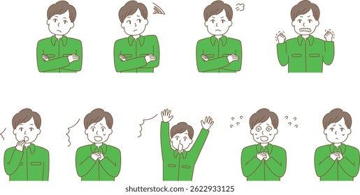 Set of illustrations of a young man in workwear expressing emotions such as anxiety and surprise
