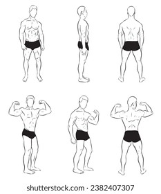 Set of illustrations of a young weightlifter with front, side and back views and poses showing off his muscles. Vector isolated on white background.