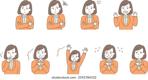 Set of illustrations of a young woman in a suit expressing emotions such as anxiety and surprise.