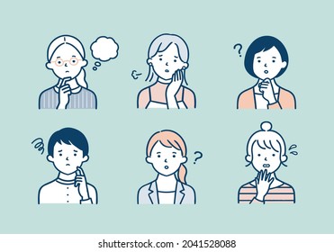 A set of illustrations of a young woman with a troubled face.