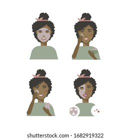 Set of Illustrations Young woman uses natural cosmetics for face care and beauty. Moisturizing face mask, acne cream, acne lotion, before and after process. Stylish design concept for cosmetics.