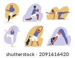 Set of Illustrations of a young women amd men doing stretching excercise, workout, fitness concept