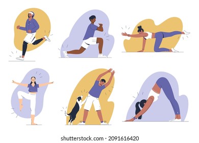 Ilustraciones de una joven mujer y hombres haciendo ejercicios de estiramiento, entrenamiento, concepto de fitness