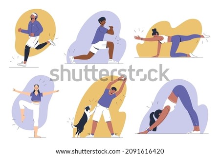 Set of Illustrations of a young women amd men doing stretching excercise, workout, fitness concept