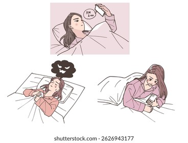 Set of illustrations of young women with problems regarding sleep.
