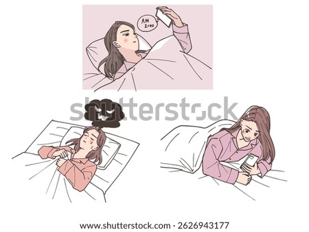 Set of illustrations of young women with problems regarding sleep.