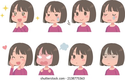 Set of illustrations of young women with various expressions