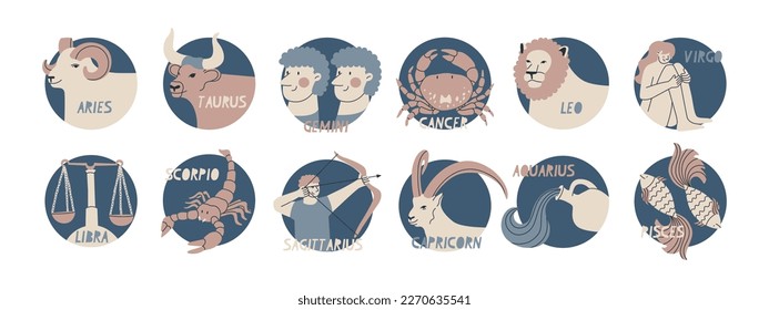 Set of illustrations with zodiac signs. Twelve symbols of the astrological horoscope. Vector isolated cartoon icons.