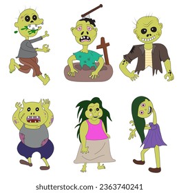 A set of illustrations of zombies in cute and scary poses.