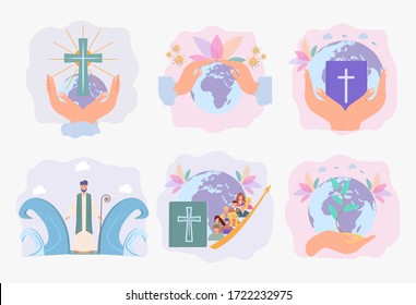 Set illustrations.God's hands protect the planet. God gives people hope. The Bible, the word of God. Christianity. The growing number of believers. Jesus Christ. Holy places. Bible study concept. Colo