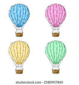 Set of Illustrative Colorful Watercolor Hot Air Balloons on White Background