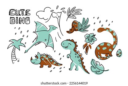 Set of ilustraciones whis cute dinos, eruptios volcanos, exotical plants. Kids print. Vector