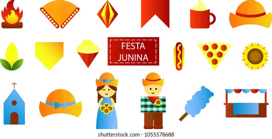 A set of ilustrations thar represent a traditional country festival from brazil called Festa Junina (junina party).